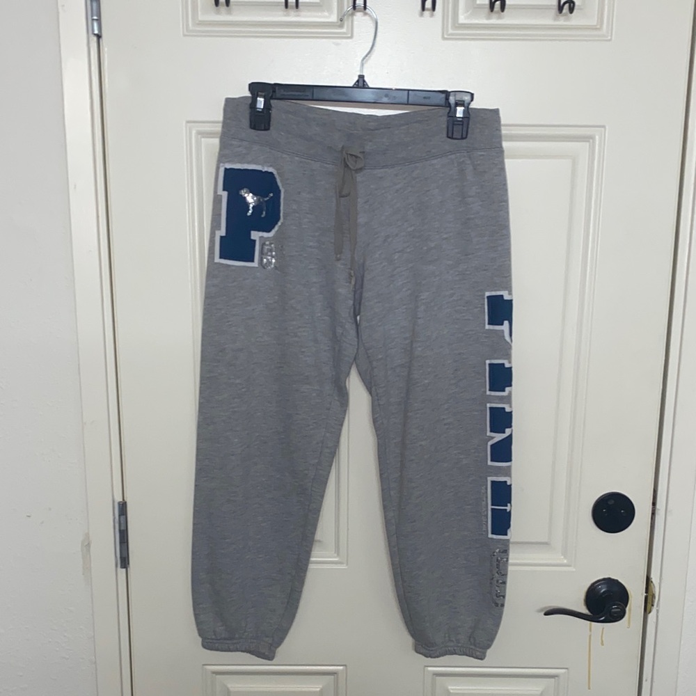 PINK Victoria's Secret Heather Gray Capris with Dark Blue Lettering